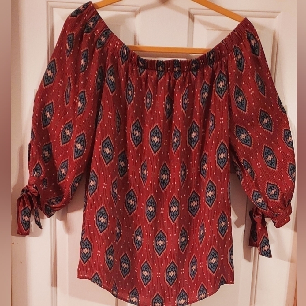 Altar'd State Southwest Print Ribbon Sleeve Off Shoulder Blouse Women's Size M